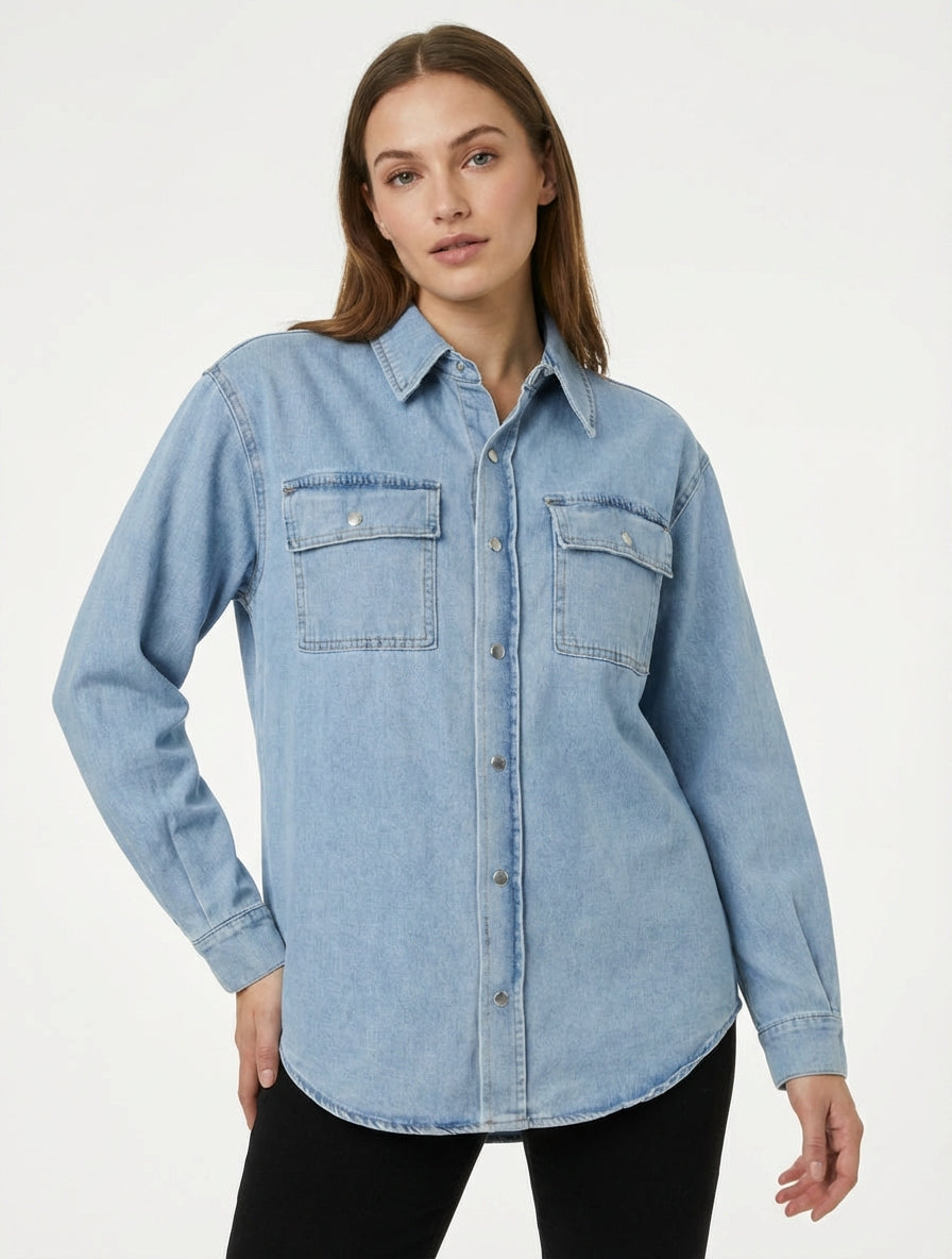 Chemise en jean col à pied - Bleu