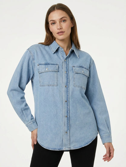 Chemise en jean col à pied - Bleu