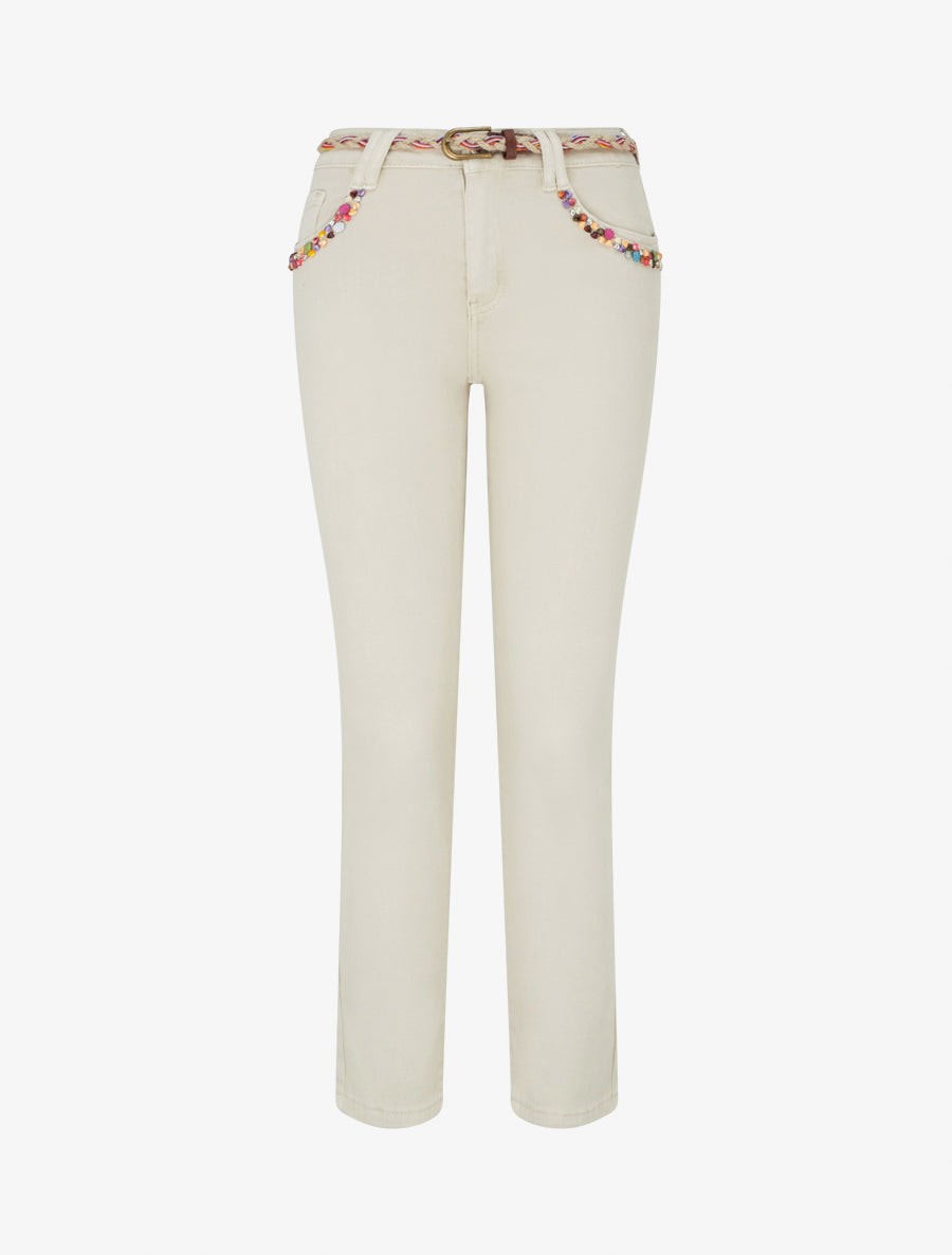 Jean slim à perles fantaisies et ceinture - Beige - 1