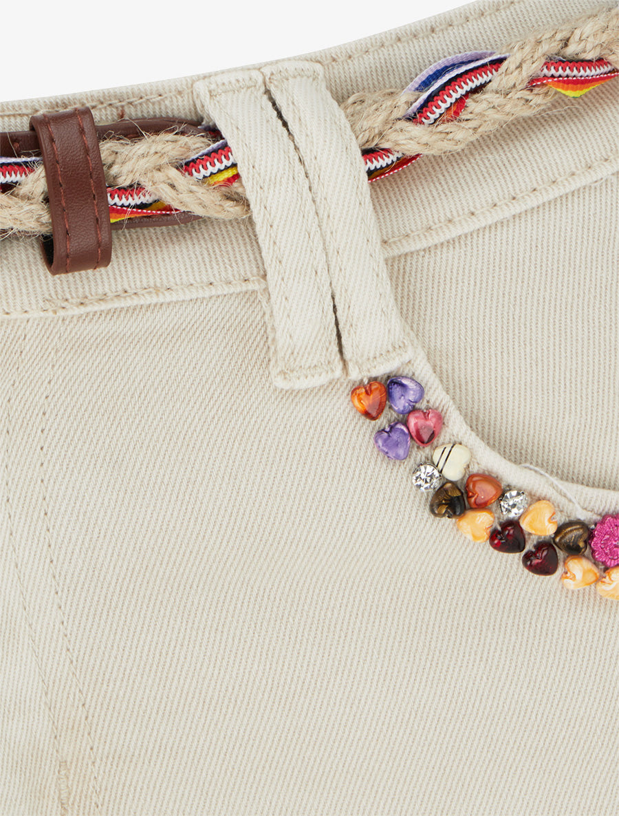 Jean slim à perles fantaisies et ceinture - Beige - 3