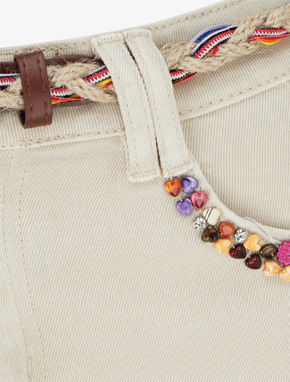 Jean slim à perles fantaisies et ceinture - Beige - 3