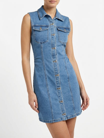 Robe en jean à col pied 2 poches - Bleu