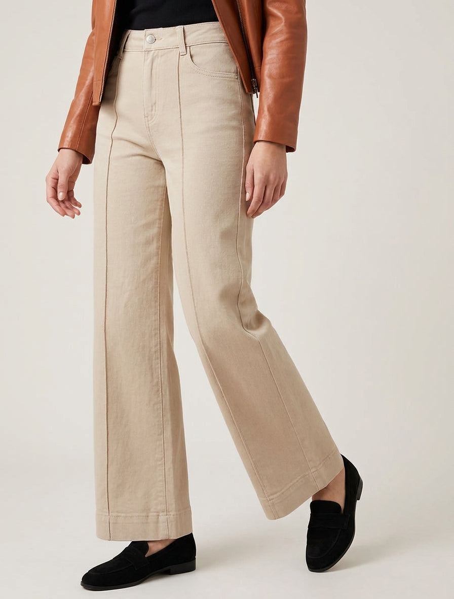 Jean wide leg taille haute à couture apparente - Beige
