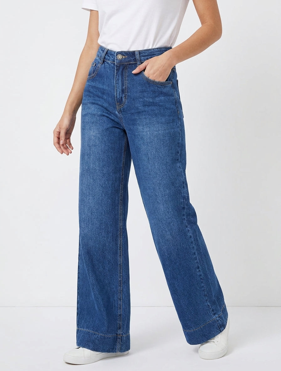 Jean wide leg à taille haute - Bleu denim