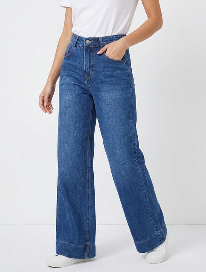 Jean wide leg à taille haute - Bleu denim