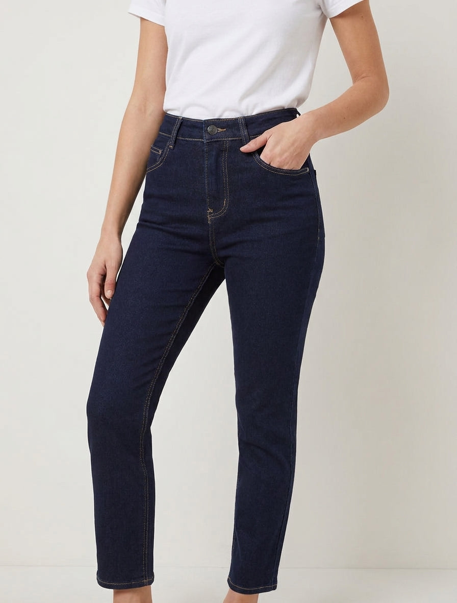 Jean taille haute coupe mom - Bleu brut