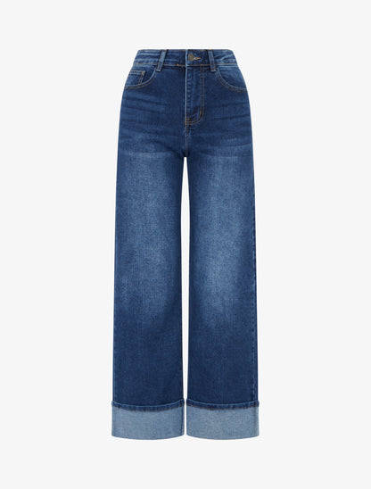 Jean wide leg délavé à ourlet - Bleu denim - 1