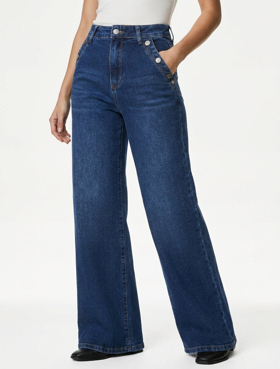 Jean wide leg à poches boutonnées - Bleu denim
