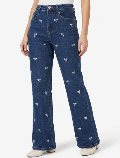 Jean wide leg à broderies motif noeud - Bleu