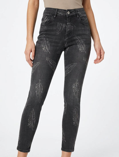 Jean skinny taille haute imprimé plumes - Gris anthracite