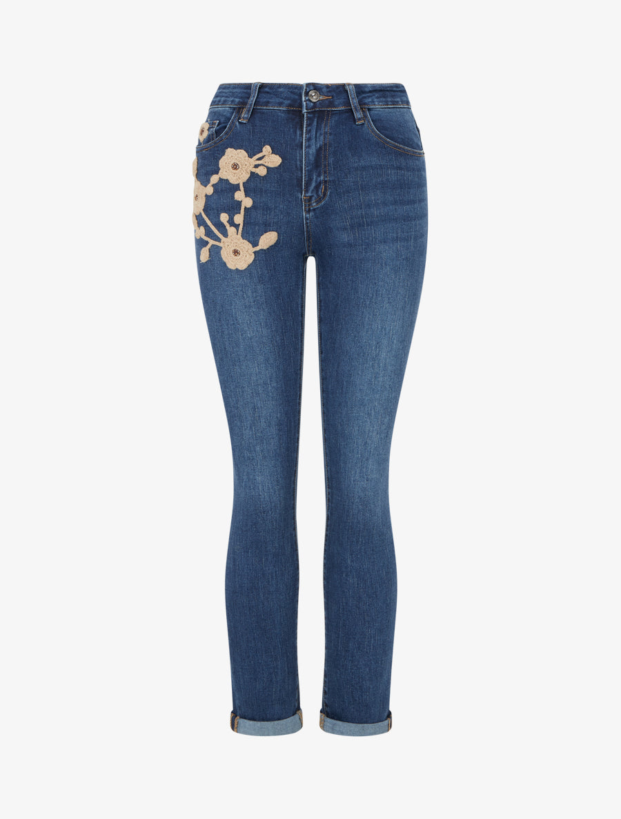 Jean à empiècement broderie floral coupe slim - Bleu denim - 1