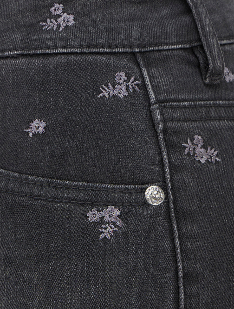 Jean à petites fleurs brodées coupe flare - Gris anthracite - 3