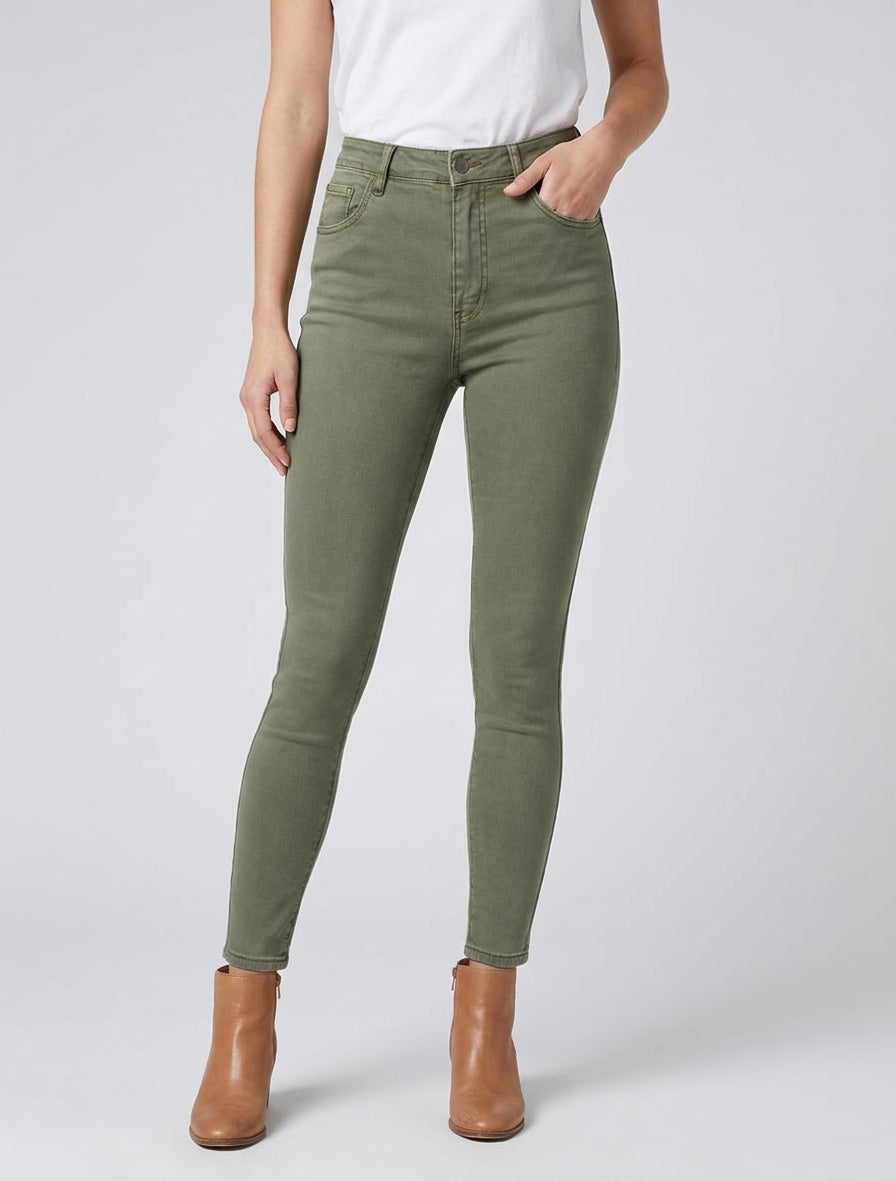 Jean slim uni à taille haute - Kaki