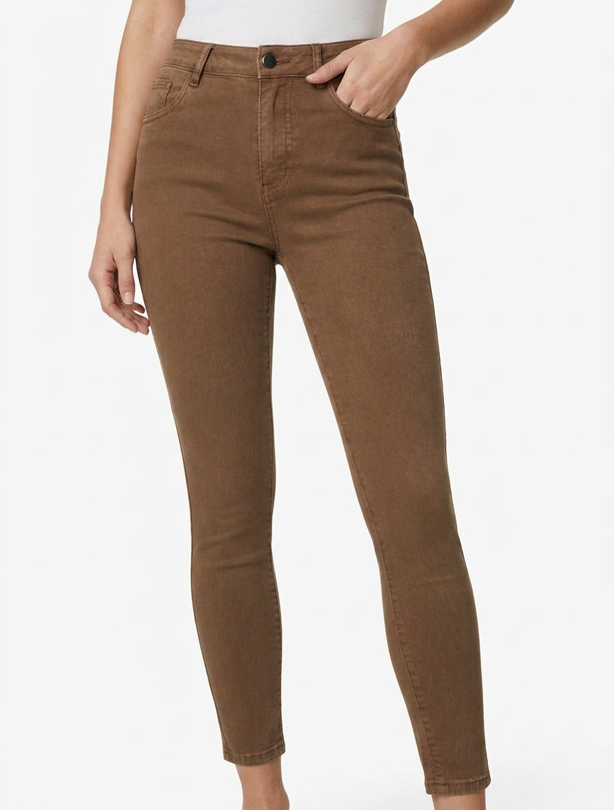 Jean slim uni à taille haute - Marron