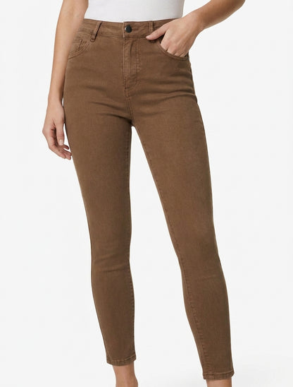 Jean slim uni à taille haute - Marron