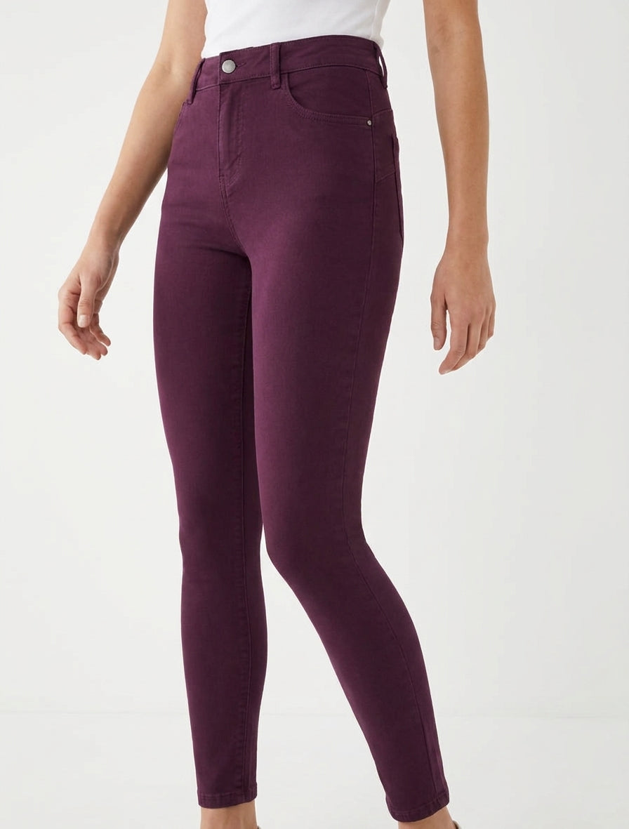 Jean slim uni à taille haute - Prune