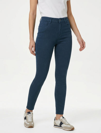 Jean slim uni à taille haute - Bleu