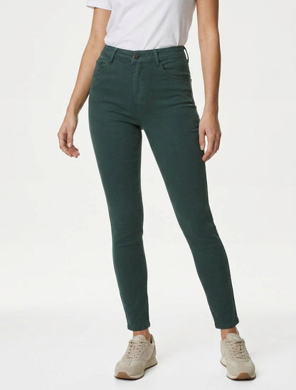 Jean slim uni à taille haute - Vert bouteille