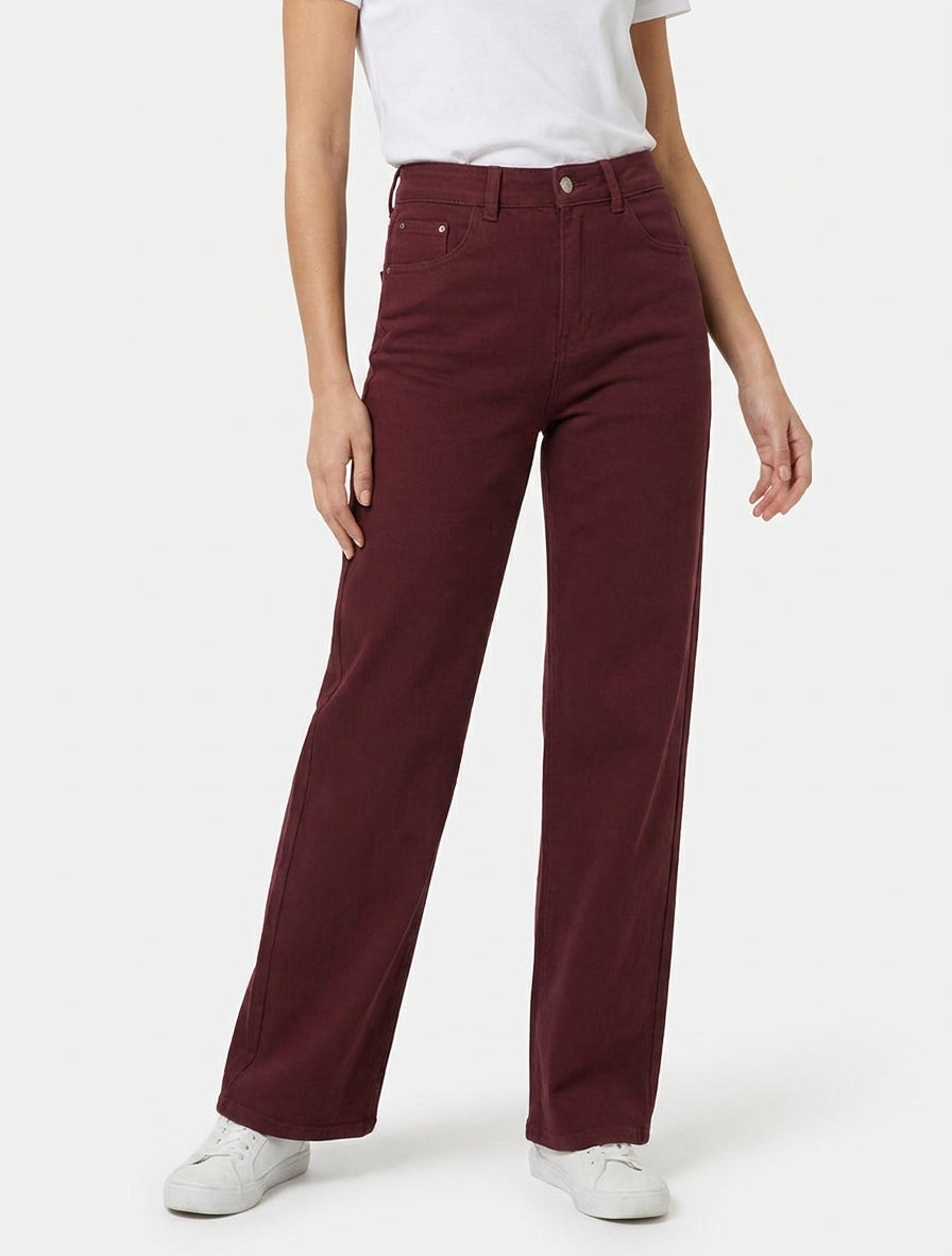 Jean wide leg uni à taille haute - Bordeaux