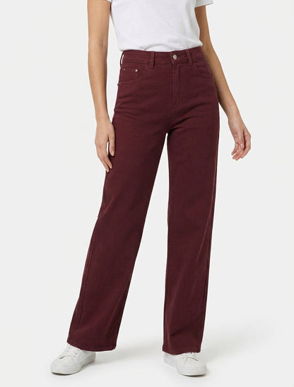 Jean wide leg uni à taille haute - Bordeaux