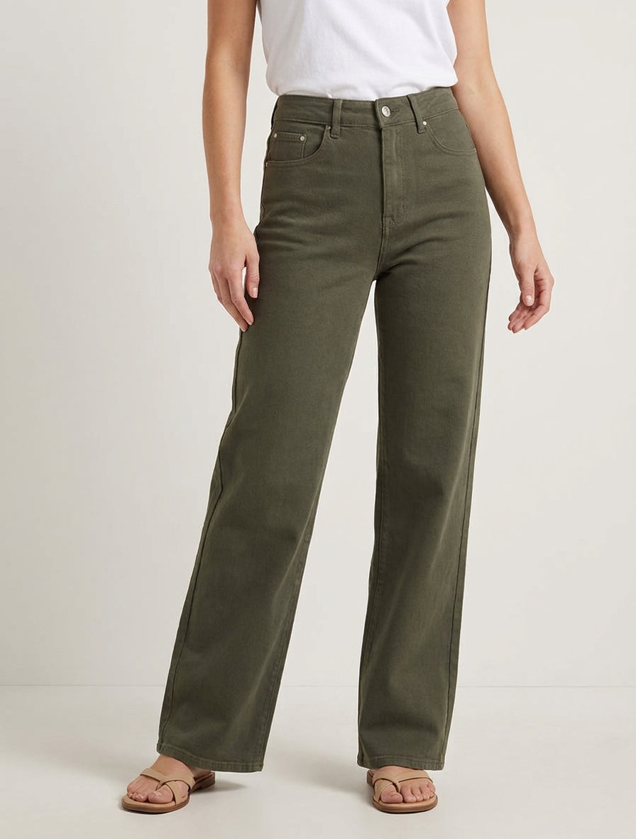 Jean wide leg uni à taille haute - Kaki