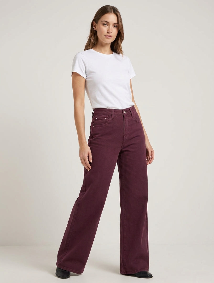 Jean uni wide leg - Lie de vin