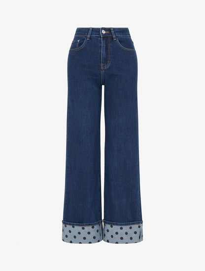 Jean wide leg revers imprimé pois - Bleu - 1