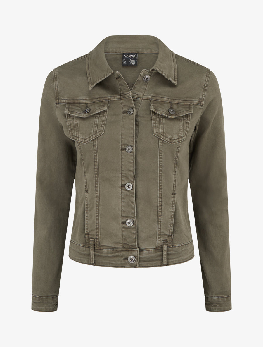 Veste en jean uni coupe droite - Kaki - 1