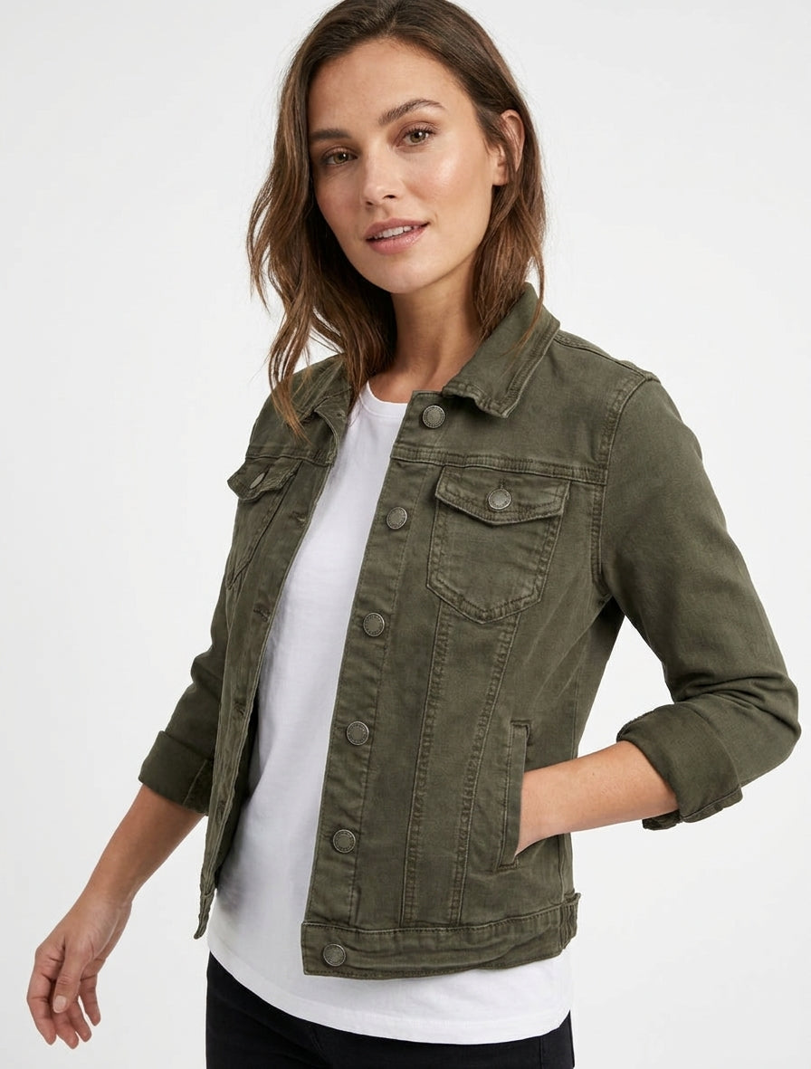 Veste en jean unie coupe droite - Kaki
