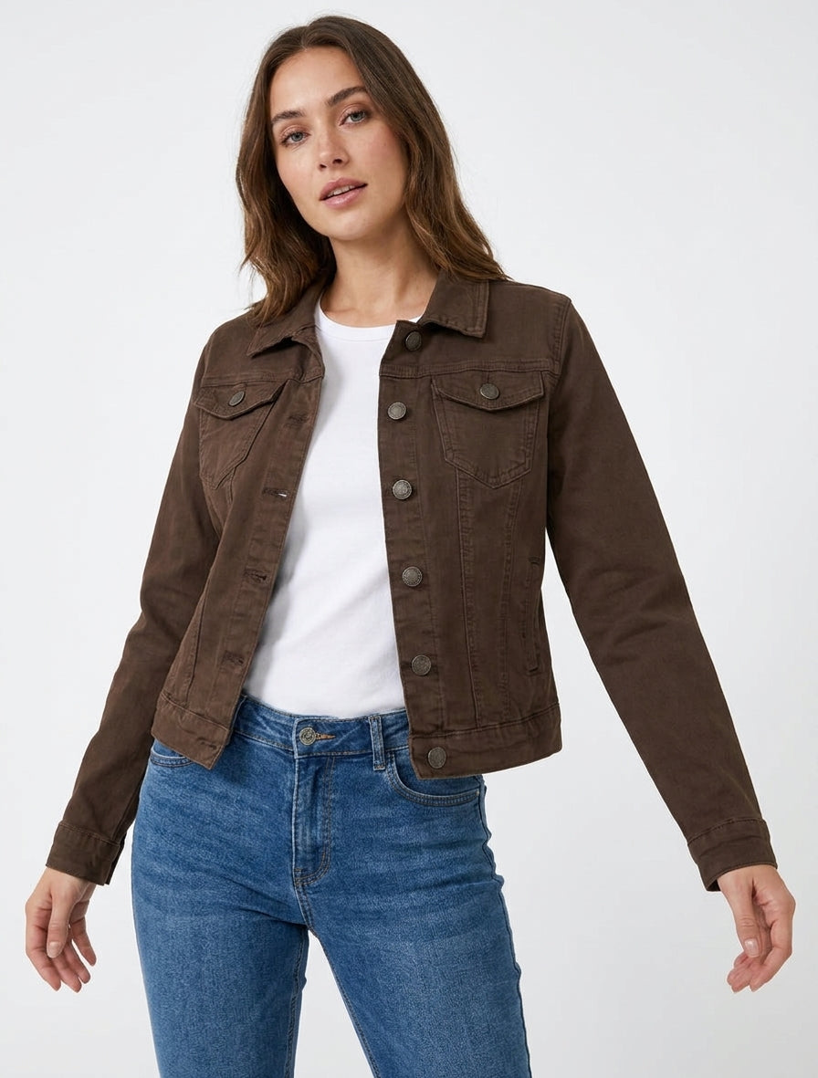 Veste en jean unie coupe droite - Marron