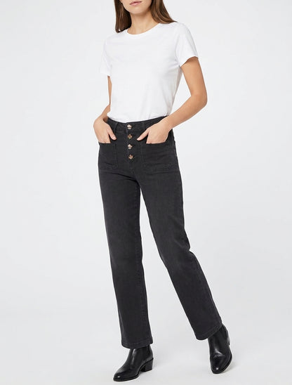 Jean droit avec fermeture boutons broderie florale - Noir