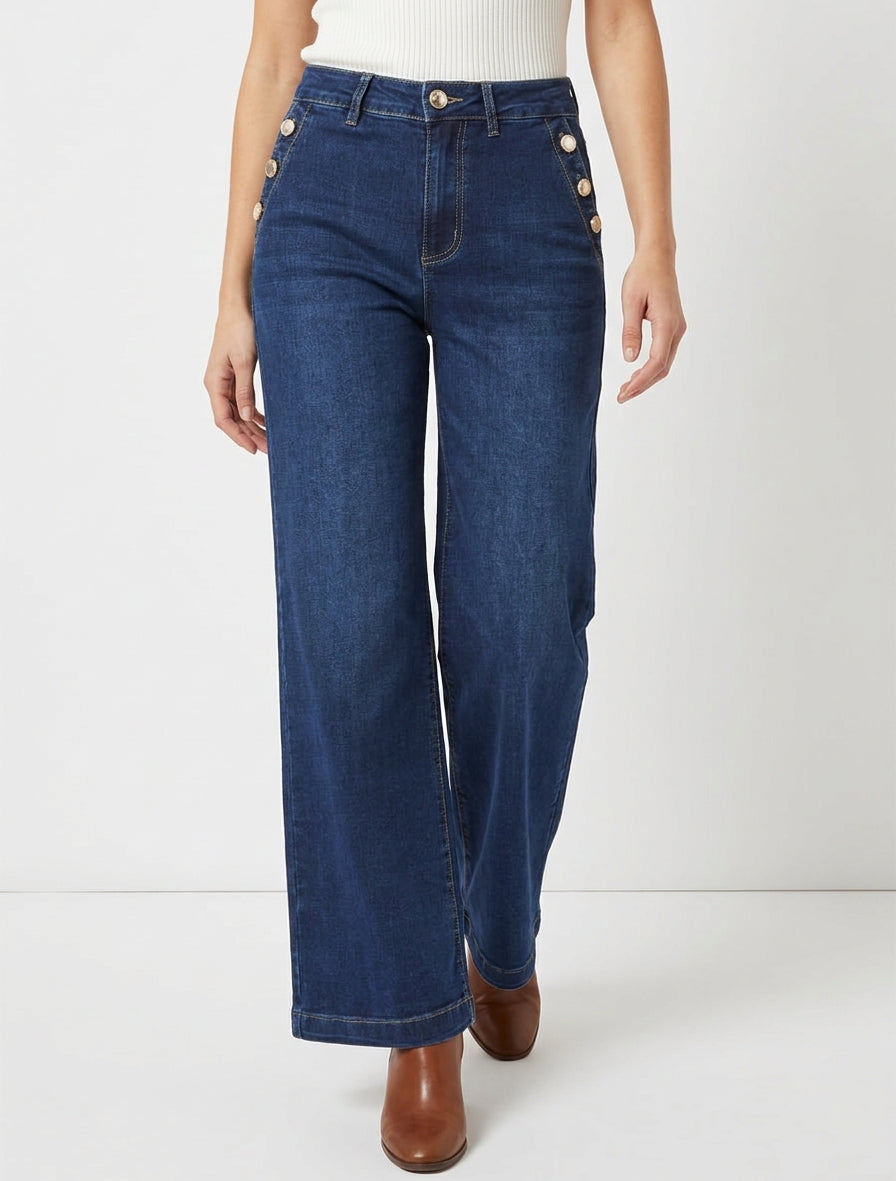Jean délavé wide leg à boutons nacrés - Bleu