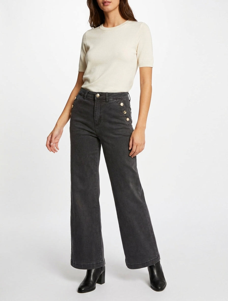 Jean wide leg à boutons nacrés - Anthracite