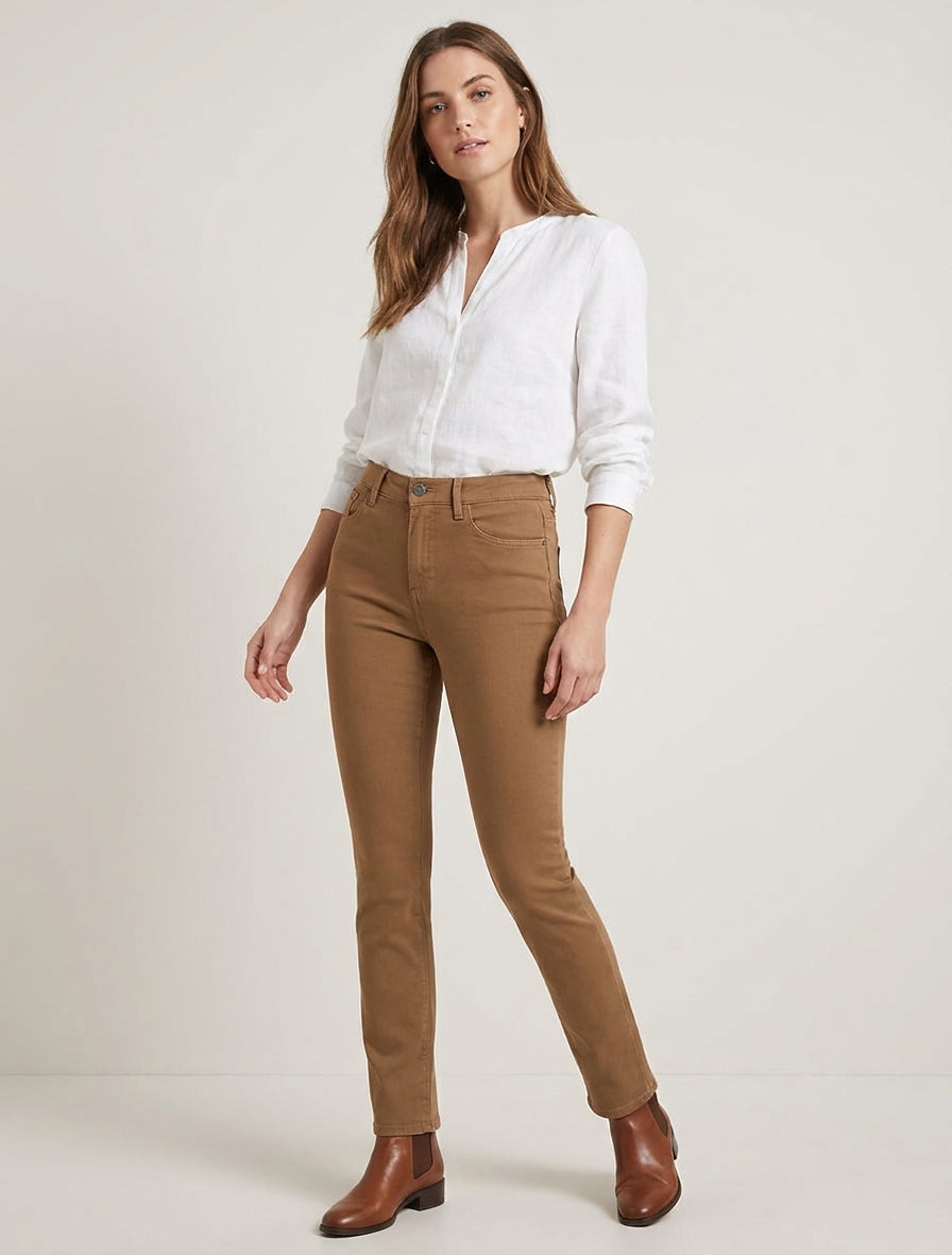 Jean slim uni taille haute - Camel