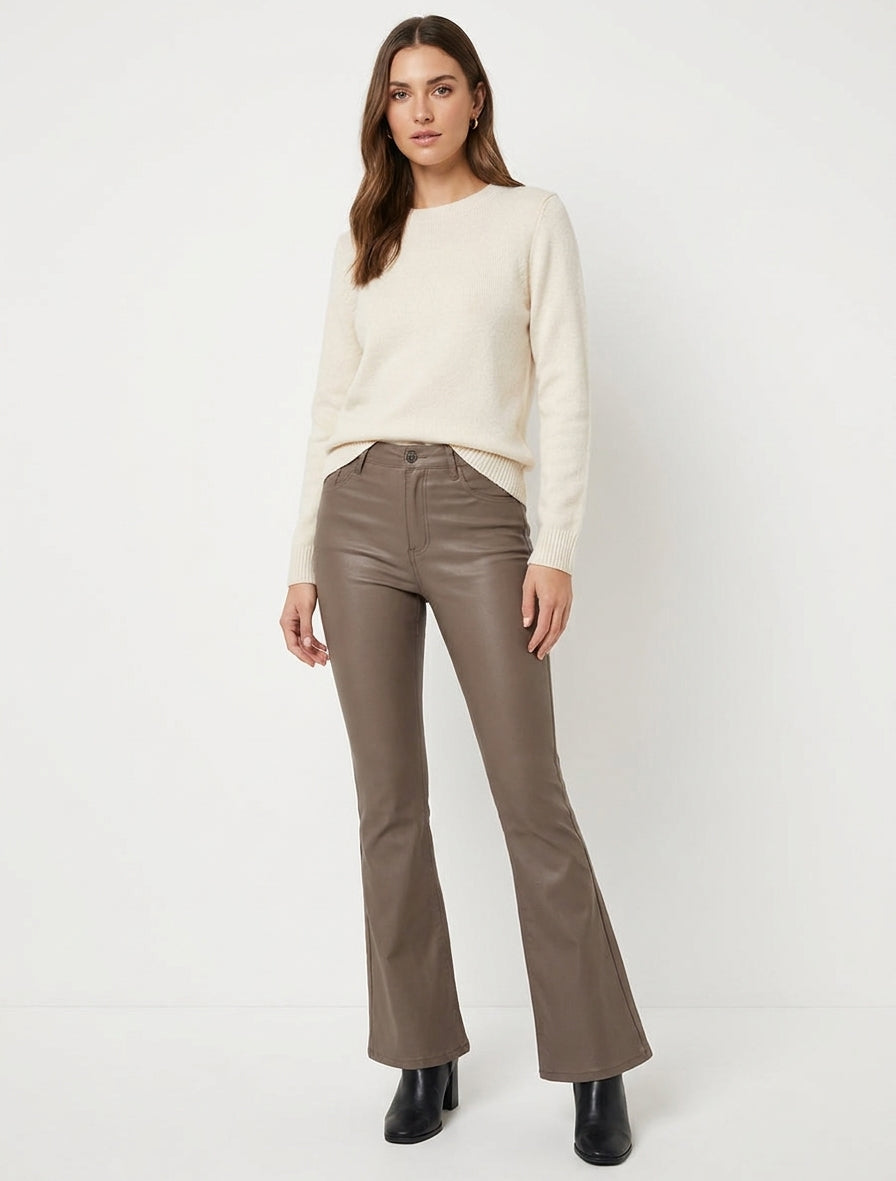 Pantalon flare enduit - Taupe foncé