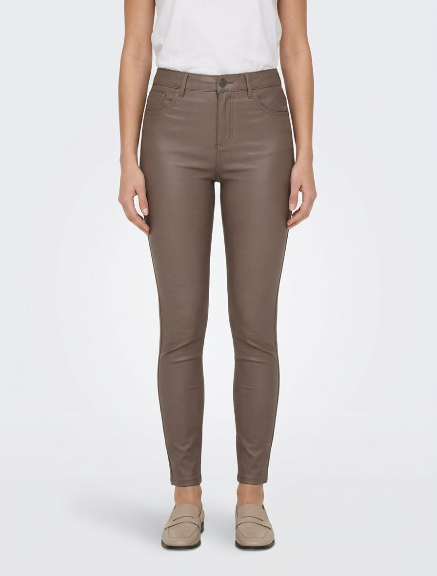 Pantalon slim en simili effet enduit - Taupe foncé