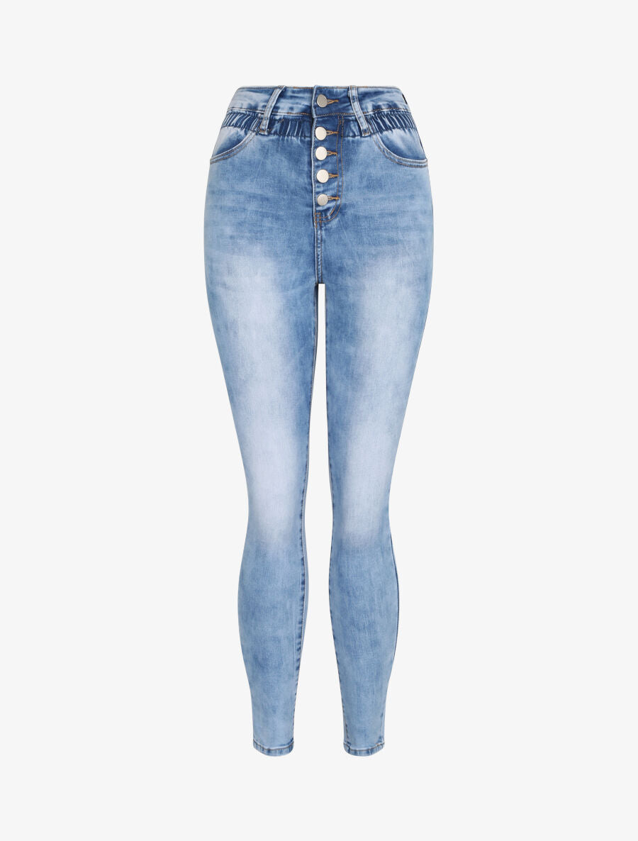 Jean slim à taille empire élastiquée - Bleu - 1