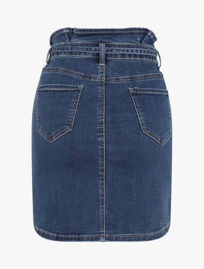 Jupe en jean à taille haute volantée - Bleu denim - 2