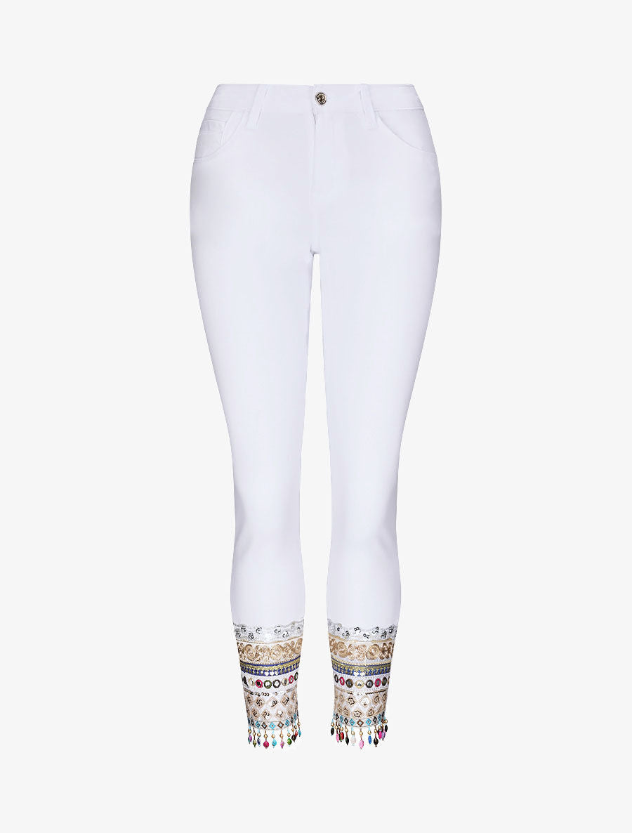 Jean slim taille haute broderies et perles - Blanc - 4