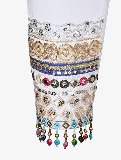 Jean slim taille haute broderies et perles - Blanc - 3