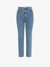 Jean mom à bords effilochés - Bleu denim - 1