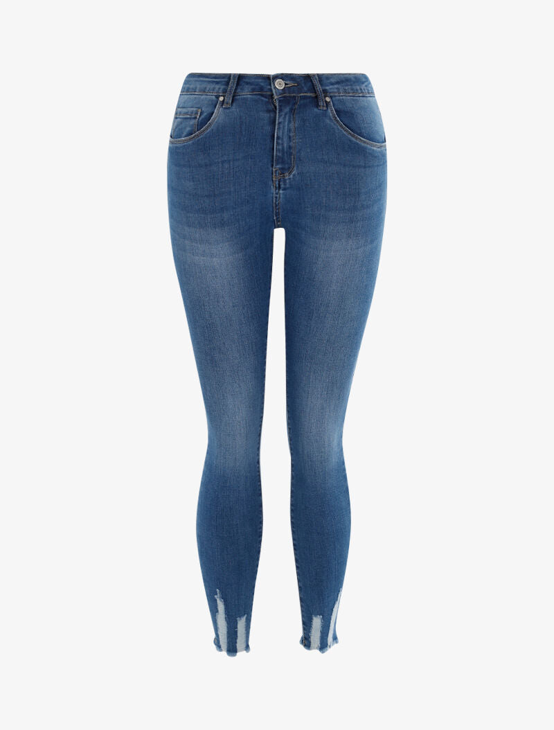 Jean 7/8 à bords usés et effilochés - Denim bleu - 1