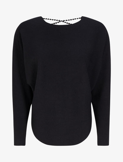 Pull à dos en crochet ajouré et manches dolman - Noir - 1