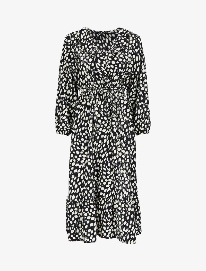 Robe imprimé moucheté à col V volanté - Noir - 4