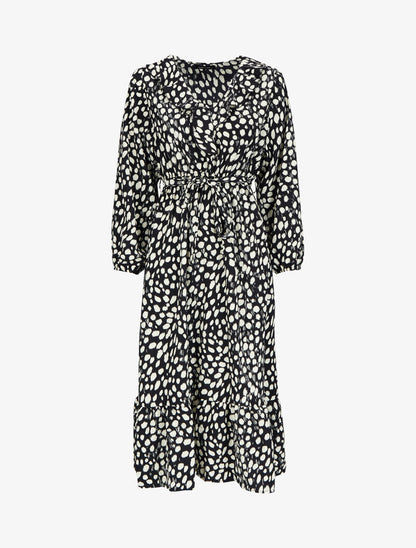 Robe imprimé moucheté à col V volanté - Noir - 4