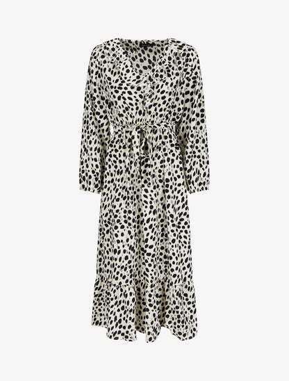 Robe imprimé moucheté à col V volanté - Blanc - 1