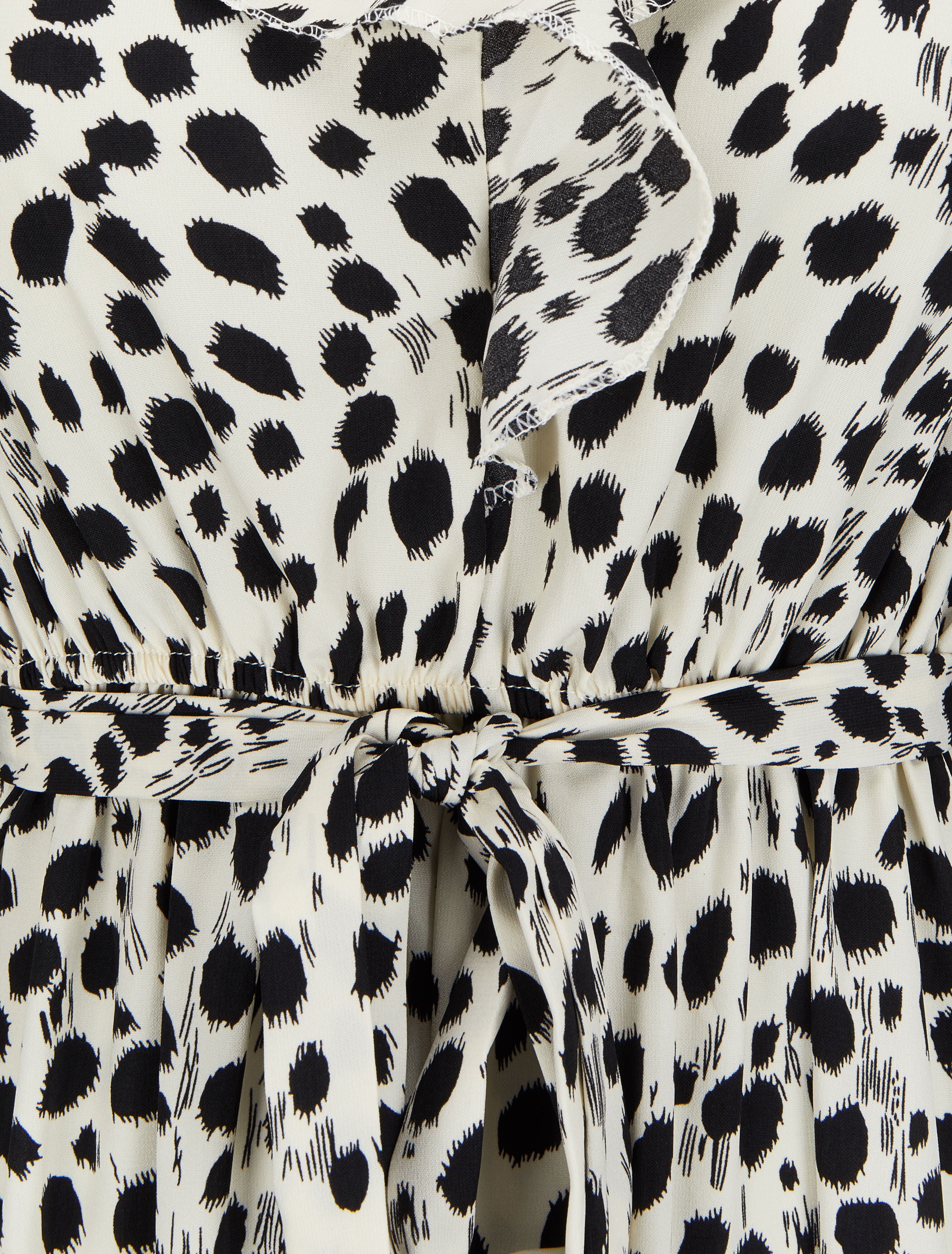 Robe imprimé moucheté à col V volanté - Blanc - 3