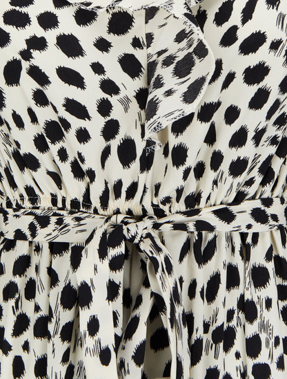 Robe imprimé moucheté à col V volanté - Blanc - 3