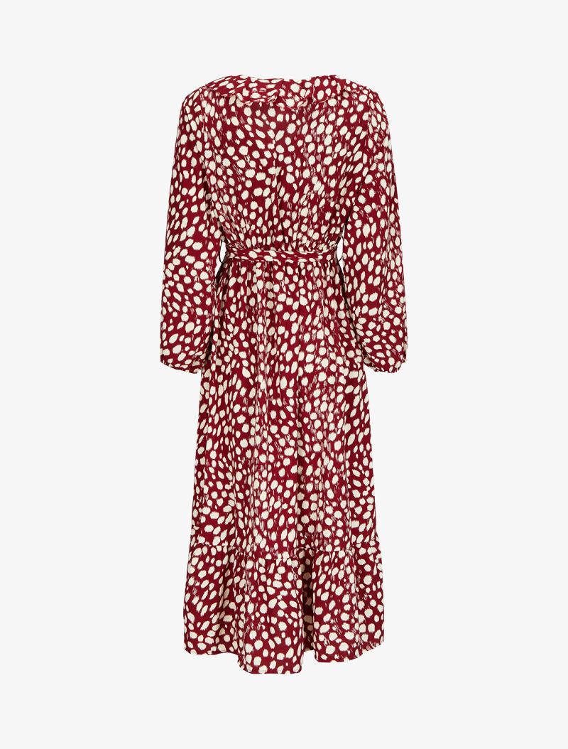 Robe imprimé moucheté à col V volanté - Lie de vin - 2