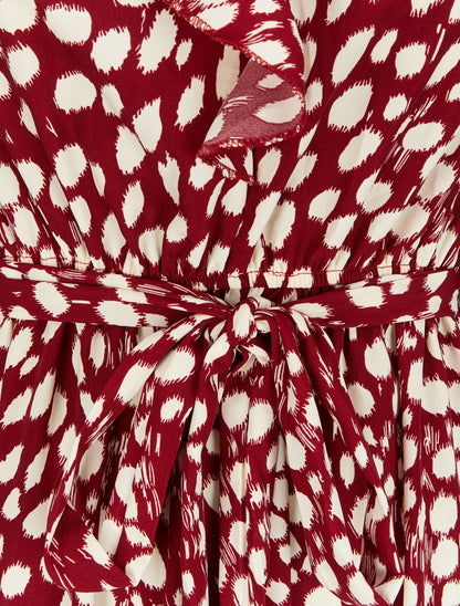 Robe imprimé moucheté à col V volanté - Lie de vin - 3